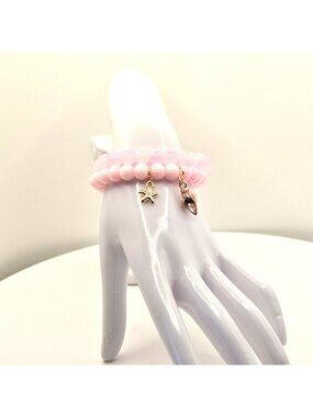 Pink Beaded Bracelet Set, Coastal Charm Bracelet, Starfish Shell Bracelet Stack,